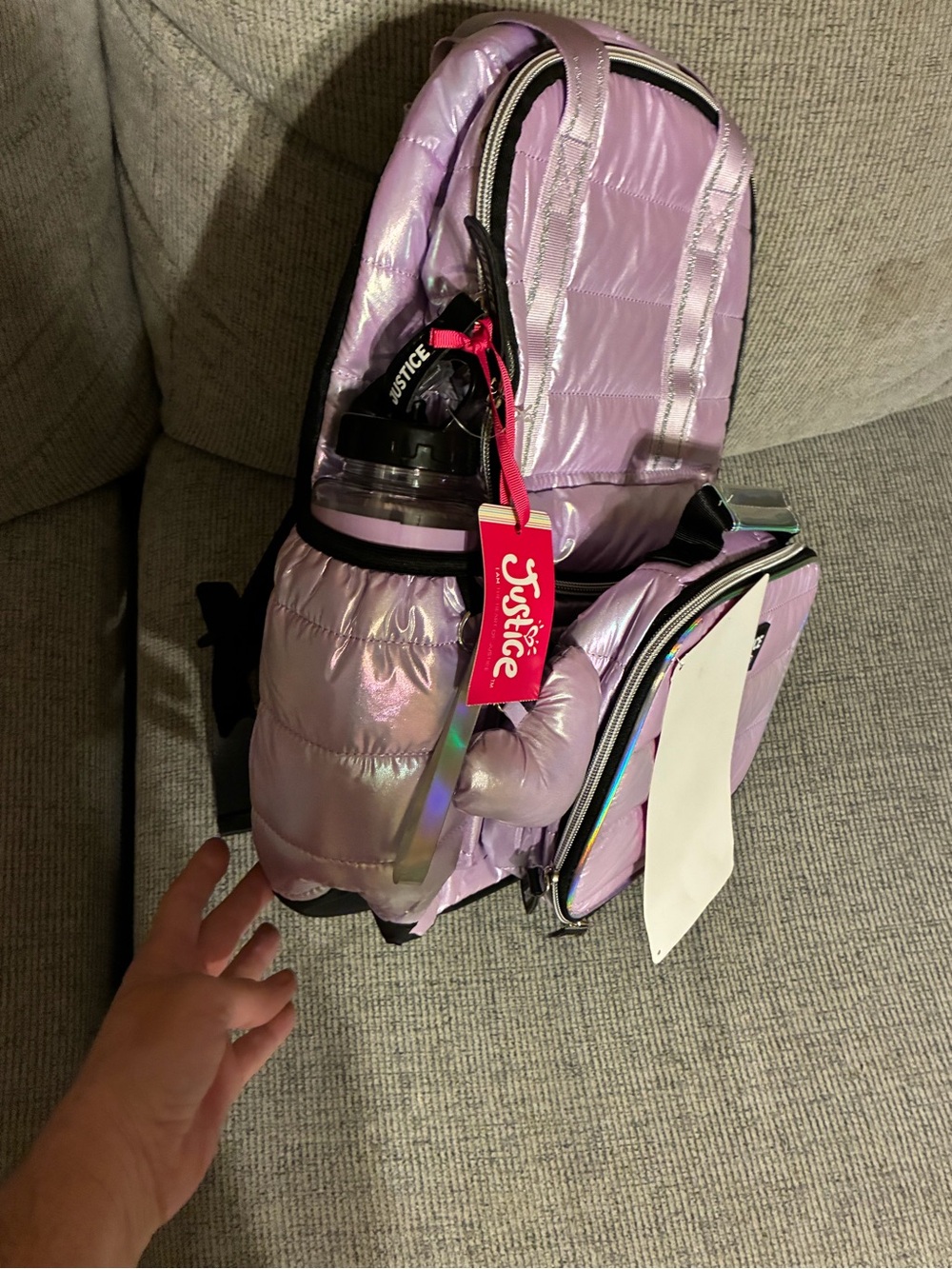 Justice Quilted Shimmer Iridescent Lavender Backpack Set W/ Lunch Bag&Bottle NWT - Picture 6 of 16